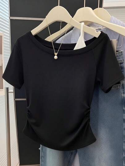 White Sexy Slim Fit Asymmetrical Shoulder Short Sleeve T-Shirt For Women, Summer New Arrival Casual