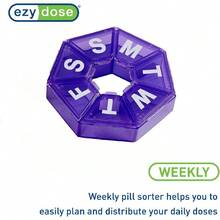 A Round, 7-Compartment Portable Pill Dispenser With Weekly Pill Storage. Mini 7-Day Portable Pill Dispenser, 7-Compartment Diamond-Shaped Box, Weekly Pill Organizer, Portable Pill Dispenser, Vitamin And Fish Oil Pill Packaging Box. - 紫色 - 查看 7