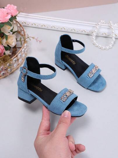 1 Pair Blue Soft & Comfortable Suede Leather Toddler Girls' High Heel Sandals, Peep Toe Bohemian Floral Decor 2.5cm Block Heel Non-Slip Sole, Fashionable Cute Princess Style Suitable For Daily, Party, Festival Wear, Spring/Summer 2026