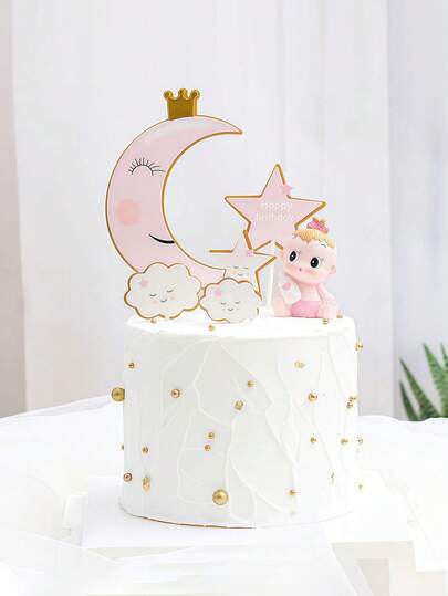 1 Set Baby's 100 Days/1st Birthday Crown, Moon, Star, Cloud Cake Topper Decorations, Milk Bottle Baby Figurines, Birthday Party Baking Decor