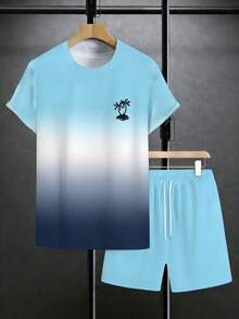 Men's Palm Tree Graphic Gradient 2-Piece Set, Crew Neck T-Shirt & Elastic Waist Shorts, Casual Summer Loungewear - 彩色 - 查看 2