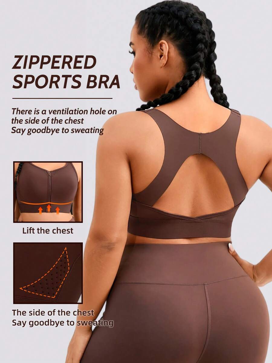 1pc Women Plus Size Sports Bra, Adjustable Back Support Lift Underwear, Front Zipper Casual Tank Top For Spring/Summer - Coffee Brown - View 1