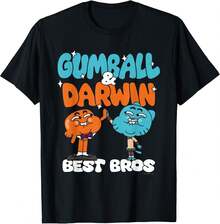 Men's Letter Print Crew Neck Short-Sleeved Casual Slim Fit T-Shirt, TAWOG Gumball And Darwin Best Bros Fun Cartoon T-Shirt, 220g Heavy Cotton, Spring/Summer Top, Loose Fit T-Shirt, Machine Washable, Pullover Shirt, Retro Hip-Hop Style, Street Style, Seasonal Clothing, Breathable Material, Holiday Style - Unisex. - 黑色 - 查看 1