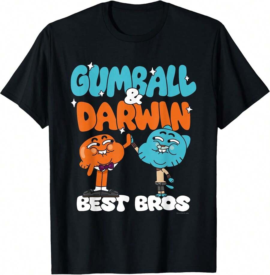 Men's Letter Print Crew Neck Short-Sleeved Casual Slim Fit T-Shirt, TAWOG Gumball And Darwin Best Bros Fun Cartoon T-Shirt, 220g Heavy Cotton, Spring/Summer Top, Loose Fit T-Shirt, Machine Washable, Pullover Shirt, Retro Hip-Hop Style, Street Style, Seasonal Clothing, Breathable Material, Holiday Style - Unisex. - 黑色 - 查看 1