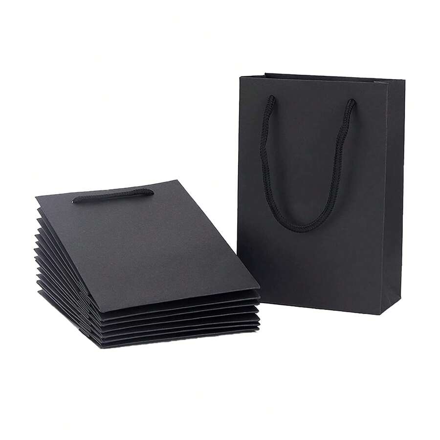 10pcs Black Kraft Paper Bags With Handles, Black Gift Bags Gift Boxes Jewelry Storage Baskets, Solid Color Reusable Gift Bags Suitable For Boutiques, Weddings, Baby Showers, Birthday Parties, Gift Bags, Bridesmaid Bags, Mother's Day, Graduation, Teacher's Day, Mini Gift Bags, Storage Bags, Black Handle Party Gift Bags, Suitable For Birthday, Halloween, Wedding - Multicolor - View 1