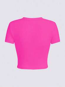 Y2K Women's Casual T-Shirt With Italian Lettering, "MILANO Italy" Gold Letter Print Design - Soft Knit Fabric|Round Neck|Short Sleeves|Short Style|All-Season Tops|Fashion|Quick-Drying|Durable|Machine Washable|Versatile And Casual|Comfortable Fit - Summer Outfits For Women - Màu Hồng Tươi - Xem 2