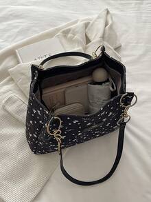 Fashion Large Capacity Solid Color Shoulder Tote Bag, Suitable For School, Travel, Shopping, Dating, Women's Gift Corduroy Handbag, Fashionable Chain Shoulder Bag, Large Capacity Plush Handbag, Backpack, Portable, Large Capacity, Lightweight, Suitable For Teenage Girls, Women, College Students, Middle And High School Students, Outdoor, Travel, Outing, Work, Business, Commuting. Bow, Heart Decor Pattern - Black - View 8