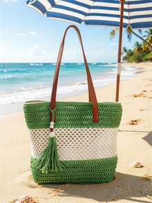 1pc New Holiday Tassel Pendant Bicolor Straw Tote Bag, Casual Shoulder Handbag, Beach Bag, Travel Bag, Valentine's Day Gift For Women, Woven Bag,Fringe Bag - Mint Green - View 7