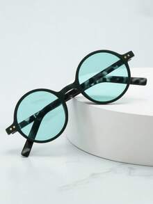 1pc Women's Retro Round Frame PC Material Super Light & Thin College Style High Quality Fashionable Fashion Glasses, Suitable For Travel, Leisure, Daily Wear - Green Frame Green Film - View 3