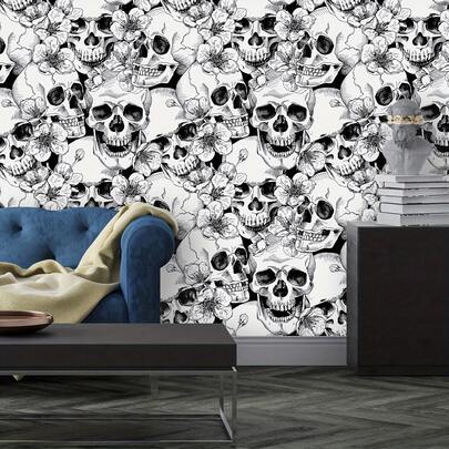 1 Cuộn Giấy Dán Tường Tự Dính Hình Đầu Lâu Phong Cách Gothic, Chống Thấm Nước, Có Thể Tháo Rời, Giấy Dán Tường Hoa Văn Trắng Cổ Điển Dùng Cho Phòng Ngủ, Phòng Khách, Trang Trí Nội Thất, Nhạc Cụ, Có Thể Cắt Được, Kích Thước 45cm*100cm/300cm/500cm