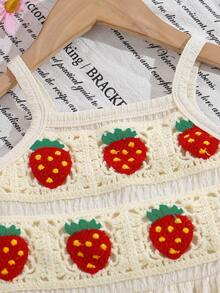 Girls' Handmade Crochet Set, Strawberry Pattern Camisole Top With Ruffle Hem + Strawberry Applique Denim Shorts, Children Summer Outfit - Apricot - View 4