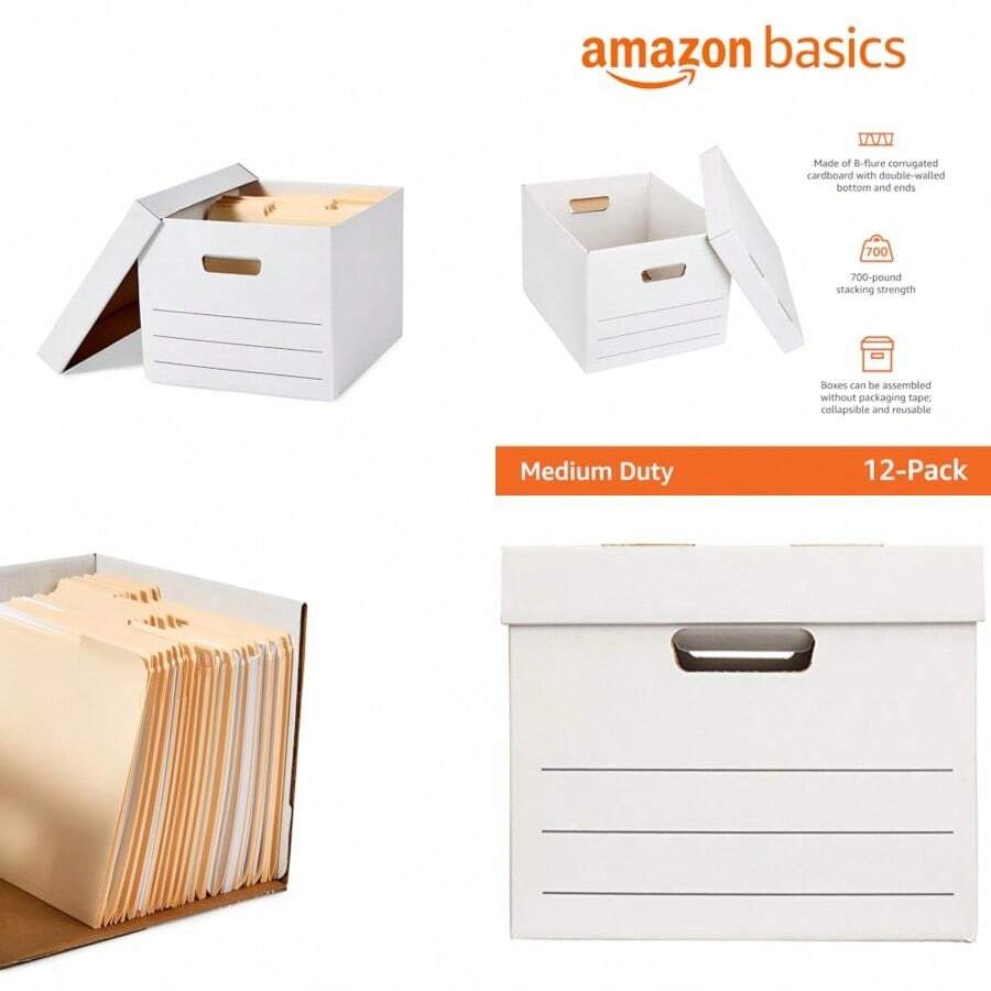 Basics - Cajas de almacenamiento y archivo de servicio medio con tapa y asas tamaño legal/carta 16.2 x 12.5 x 10.5 pulgadas paquete de 12 - Blanco - Ver 1