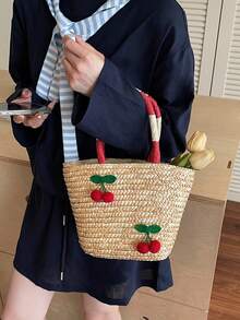 Neue Art Kirsche Stickerei Stroh gewebte Tasche, Urlaubsstil gewebte Tasche, Strand Casual Shopper, süß und lieblich Gemüsekorb Tasche, große Kapazität Pendler Einkaufstasche, Ausflug an die Küste, alles passend Tasche, Damentasche, Minderheiten Design Gefühl - Verschiedenfarbig - Übersicht 6