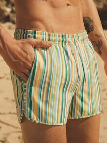 MAISONFOX Men's Drawstring Waist Striped Pocket Casual Beach Shorts, Vertical Striped Drawstring Waist Swim Trunks - Multicolor - View 1