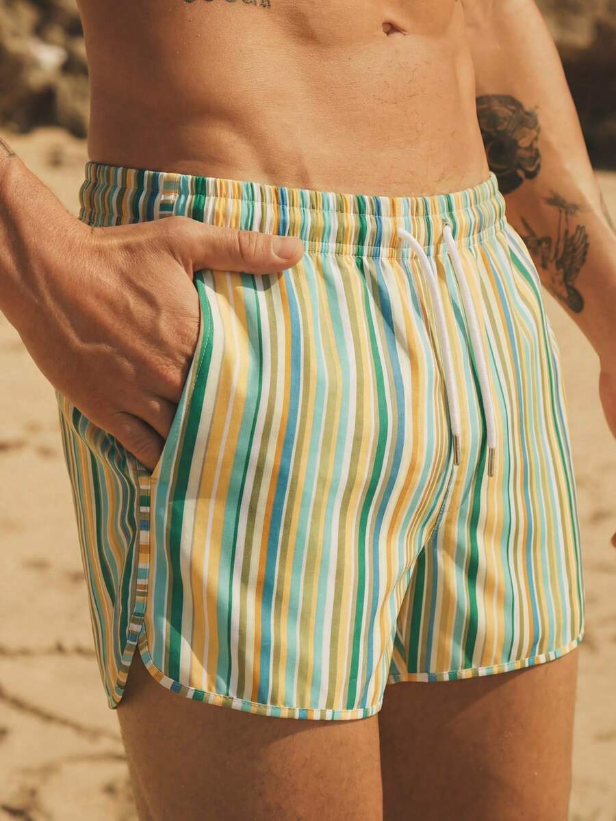 MAISONFOX Men's Drawstring Waist Striped Pocket Casual Beach Shorts, Vertical Striped Drawstring Waist Swim Trunks - Multicolor - View 1