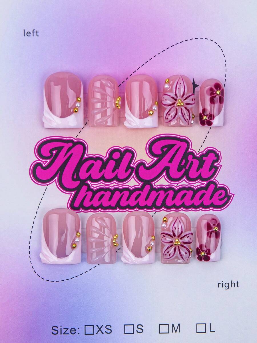 10pcs/Set Handmade Square Nail Tips, Y2K Baddie Style, Nude & White Color With French Tips, Crystal Embellishment Design, Suitable For Party, Wedding, Daily Wear, Includes Nail Tools, Great Gift For Women & Girls Nails Nail Supplies Handmade Press On Nails - Red and White - View 1