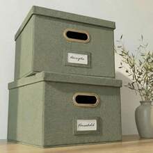 ZICOTO - Juego de 2 cajas organizadoras decorativas de lino plegables con asas son perfectas para almacenar todos tus documentos y carpetas de archivos colgantes cajas portátiles fáciles de deslizar - Salvia - Ver 2