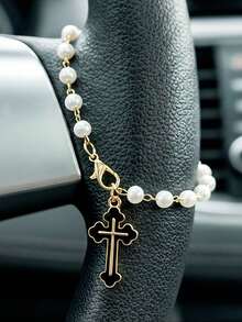 1 Piece Cross Car Steering Wheel Hanging Decoration, Metal Material, Pearl Chain Cross Car Steering Wheel Decoration,Car Hanging Ornament,Featuring A Simple And Cute Design. This Dead Car Pendant Can Serve As A Unique And Stylish Suspension Decoration For Your Vehicle - A - View 4