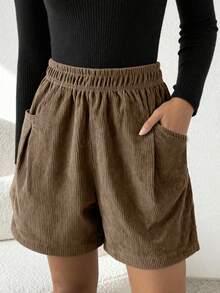 1pc Vintage Fashionable Casual Straight Corduroy Shorts For Teen GirlGirl - Brown - View 5