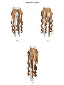 1pc Vintage Ruffled Fringed Waist Wrap Skirt, Unique Design, Flattering Fit - màu nâu - Xem 8