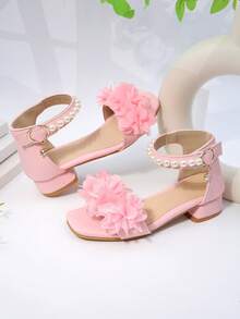 Giày sandal hoa cho bé gái, giày khiêu vũ trẻ em, kiểu dáng xuân/hè mới, sandal cao gót cho bé gái, sandal cổ lửng đính ngọc trai kiểu công chúa cho học sinh. - Hồng - Xem 6