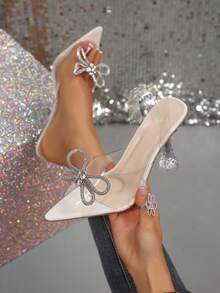 2026 Summer New Crystal Bow Knot Pointed Toe Transparent Sexy High Heel Sandals For Women - Beige - View 9