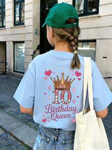 青少年女孩 - 「10歲生日女王」印花T恤，適合活動與日常穿著 - 生日慶祝的理想禮物 - 淺藍色 - 查看 4