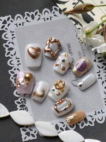 10pcs Press On Nails White Nails Golden Heart Border Handmade Press On Nails Faux Ongles Nails Press On Summer Nails Fake Nails Artificial Nails Kit Includes 1sheet Adhesive Tabs &1 Pc Mini File - Multicolor - View 3