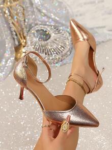 Sandali alla moda da donna taglie forti, tacchi sottili a punta minimalista francese, tacchi alti dorati, scarpe con cinturini versatili e traforati - Oro rosa - Visualizzare 9