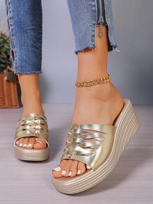 Gold Transparent Buckle Platform Open Toe High Heel Sandals, Fashion Versatile Non-Slip Thick Sole Summer Wedge Shoes For Women - Gold - View 11