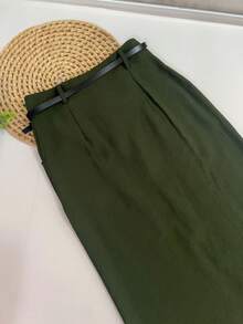 Midi Skirt With Belt High Waist Slit - Army Green - View 6