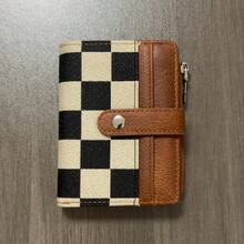 Black And White Checkered Women's Short Snap Clasp Wallet, Stylish Canvas Bi-Fold Clutch With Side Zipper Coin And Card Slots. - 棕色 - 查看 2