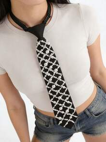 Cà vạt đính ngọc trai và đá lấp lánh phong cách Y2K ngọt ngào, phụ kiện dự tiệc unisex với thiết kế độc đáo (không cần thắt) - màu đen - Xem 4