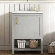 Single Bathroom Vanity Unit With Sink, 60cm Sink Unit With Ceramic Sink, With Shelf, Light Grey. - Grey - View 6