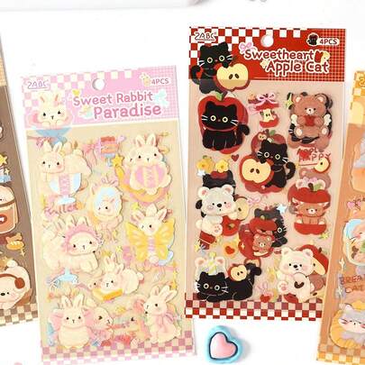 4pcs Waterproof Cute Animal Cartoon Stickers, Scrapbooking Stickers, Kids Stickers, Creative Sticker Pack, Reward Stickers, Party Favors, Birthday Gifts