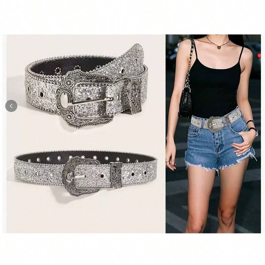1 Stück Damen Western Cowgirl Gürtel mit schweren Strass-Schnalle im Y2K-Stil, geeignet für den täglichen Gebrauch, Partys und Zusammenkünfte - Silber - Übersicht 1