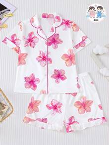 2pcs/Set Wearable Tween Girl Pajama Set, Hawaiian Floral Print, Soft Fabric, Short Sleeve Shirt With Collar & Button, Elastic Shorts, Cute & Fashionable Sleepwear For Holiday Party, Outdoor & Indoor Wear - White - View 2