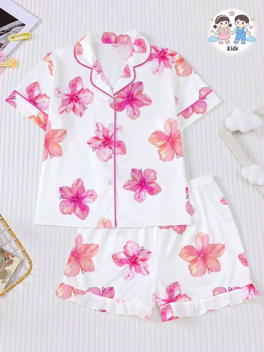 2pcs/Set Wearable Tween Girl Pajama Set, Hawaiian Floral Print, Soft Fabric, Short Sleeve Shirt With Collar & Button, Elastic Shorts, Cute & Fashionable Sleepwear For Holiday Party, Outdoor & Indoor Wear
