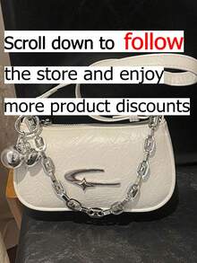 White PU Leather Hobo Shoulder Bag, Crinkled Nderarm Hobo Bag,With Silver Hardware & Chain Detail, Ghtweight & Compact, Ideal For Daily Streetwear, Concerts, Casual Outings, Shopping & Dating, Perfect , College Students & Fashionistas - White - View 2