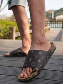 Men's Slippers, Retro Solid Color Print Open Toe Soft Cork Sole Non-Slip Casual Slippers, Suitable For Indoor/Outdoor, Summer Beach, Daily Wear - Brown - View 4