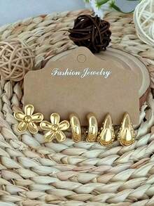 9 Pairs CCB Gold-Plated Earring Set, Hypoallergenic Flower & Teardrop Hoop Earrings, Versatile For Daily Wear And Parties - Gold - View 3