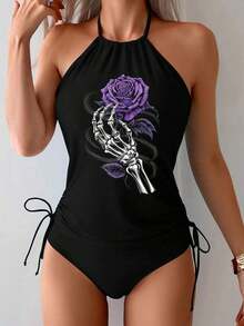 Women's 2026 Summer Gothic Swimwear – Skeleton Hand Print Tankini Set, Two‑Piece Modest Swimsuit With Tummy Control, Drawstring Halter Neck, Beach, Resort, And Holiday Outfits, Dark Aesthetic Fashion - Black - View 4