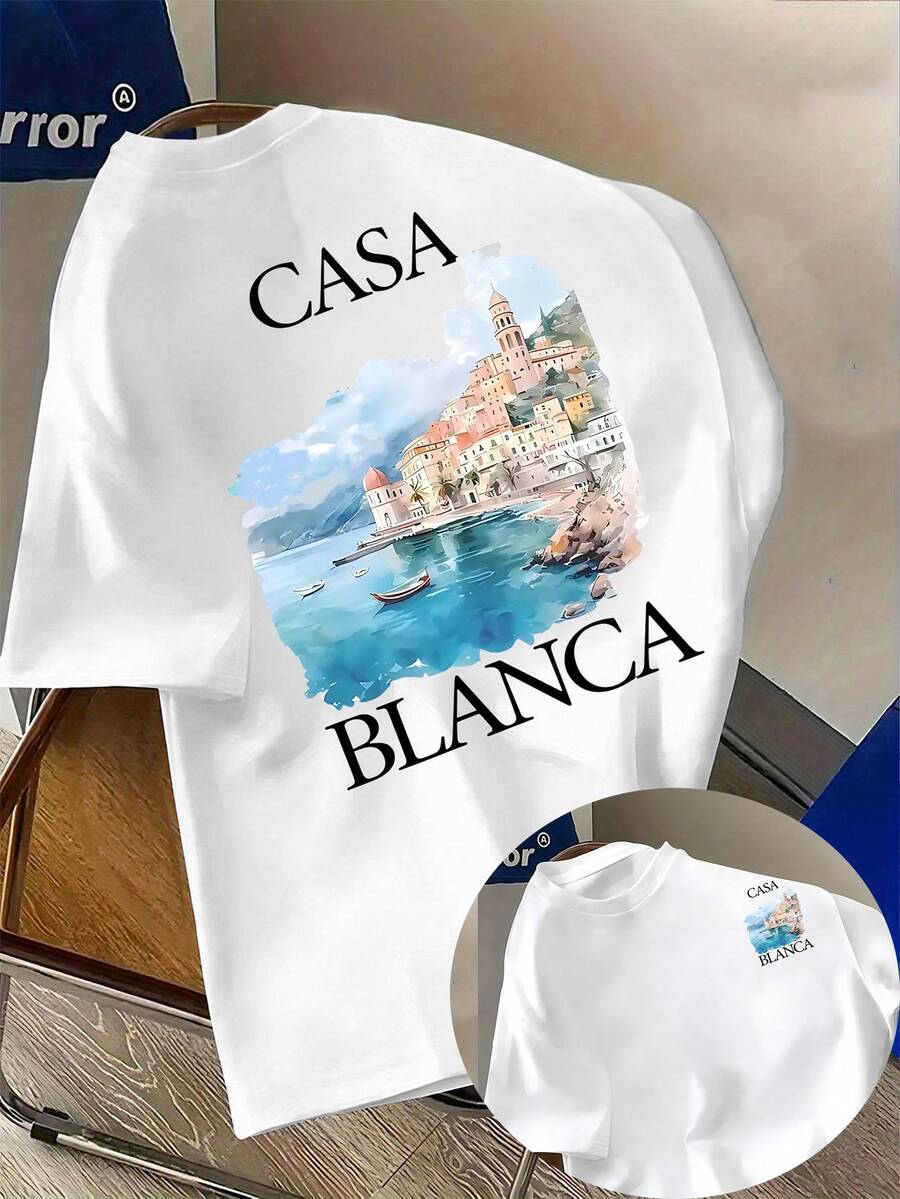 Wear The "Beach Romance" T-Shirt, A Refreshing, Simple, Casual, Fashionable And Versatile Men's T-Shirt With A Crew Neck And Short Sleeves For Summer. - trắng - Xem 1