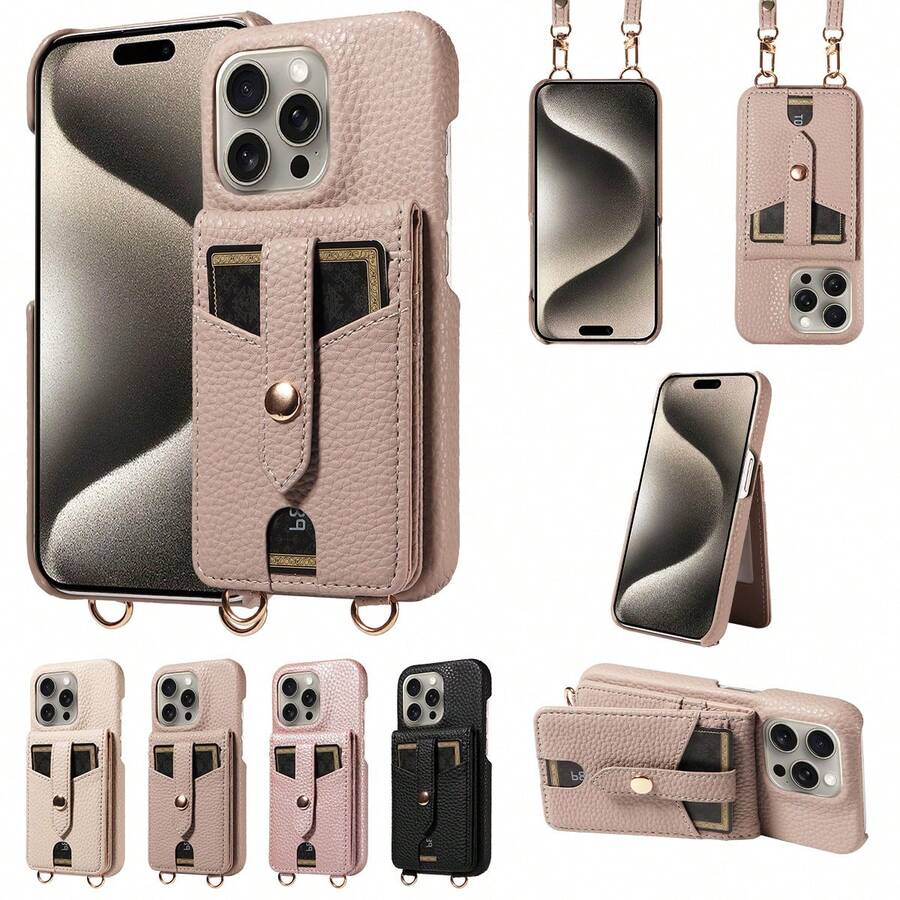 eaacaa Adecuado para 17 Pro Max/17pro/17/17e/Air/16pro Max/16/15/14/13/12/11 Pro Max Plus Mini 7 8 Plus X XS XR XS MAX Series, Funda de cartera de cuero de grano de lichí con espejo de maquillaje incorporado, ranuras para tarjetas y diseño de cierre a presión, cubierta protectora portátil a prueba de golpes, ligera para un fácil retoque, con función de soporte y correa para el hombro, cubierta antióxido y a prueba de golpes
