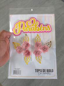 Cake Topper For Happy Birthday, 4 Tiers And With 6 Rosettes/Flowers - rosa claro - Ver 1