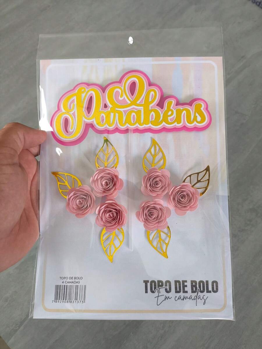 Cake Topper For Happy Birthday, 4 Tiers And With 6 Rosettes/Flowers - rosa claro - Ver 1