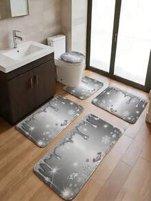 Juego de 3/5 piezas de alfombras de baño con tema de patchwork de medio círculo en colores Morandi, alfombra con patrón de estilo minimalista Wabi-Sabi, juego de accesorios de baño suaves, absorbentes y resistentes al desgaste, alfombra de secado rápido de franela + espuma de memoria + tela de poliéster, lavable a máquina - Hielo plateado y nieve - Ver 2