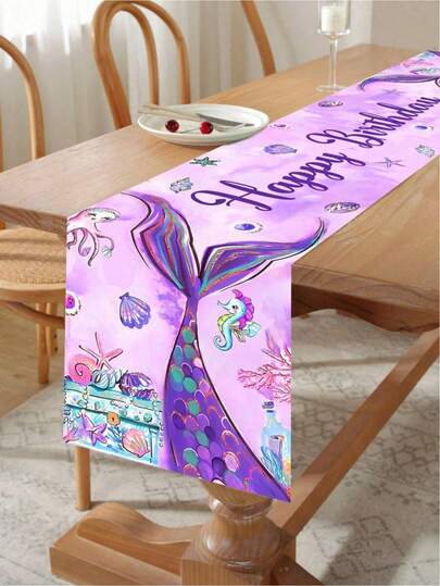 1pc 35*180cm Purple Mermaid Pattern Polyester Table Runner, Mermaid Theme Birthday Party Room Dining Table Decor Tablecloth, Christmas