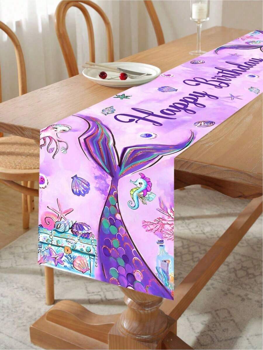 1pc 35*180cm Purple Mermaid Pattern Polyester Table Runner, Mermaid Theme Birthday Party Room Dining Table Decor Tablecloth, Christmas - Purple - View 1