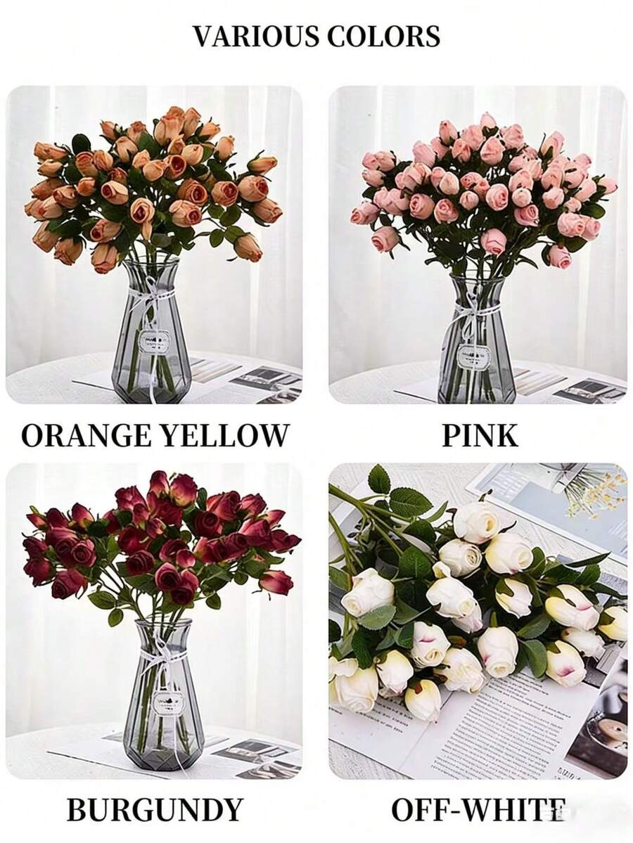 7 bông hoa hồng nhân tạo kiểu cổ điển, viền cháy xém, kết cấu khô tự nhiên như thật, dùng để trang trí nhà cửa, phòng khách, đám cưới, ngày Valentine. - Nhiều màu - Xem 1